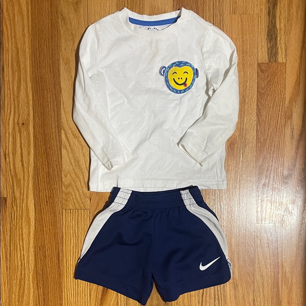 White Long Sleeve Top with Navy Blue Nike Athletic Shorts